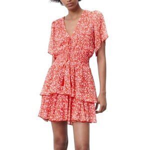 2/$30 Zara XS Coral Red & White Floral Smocked Mini Dress